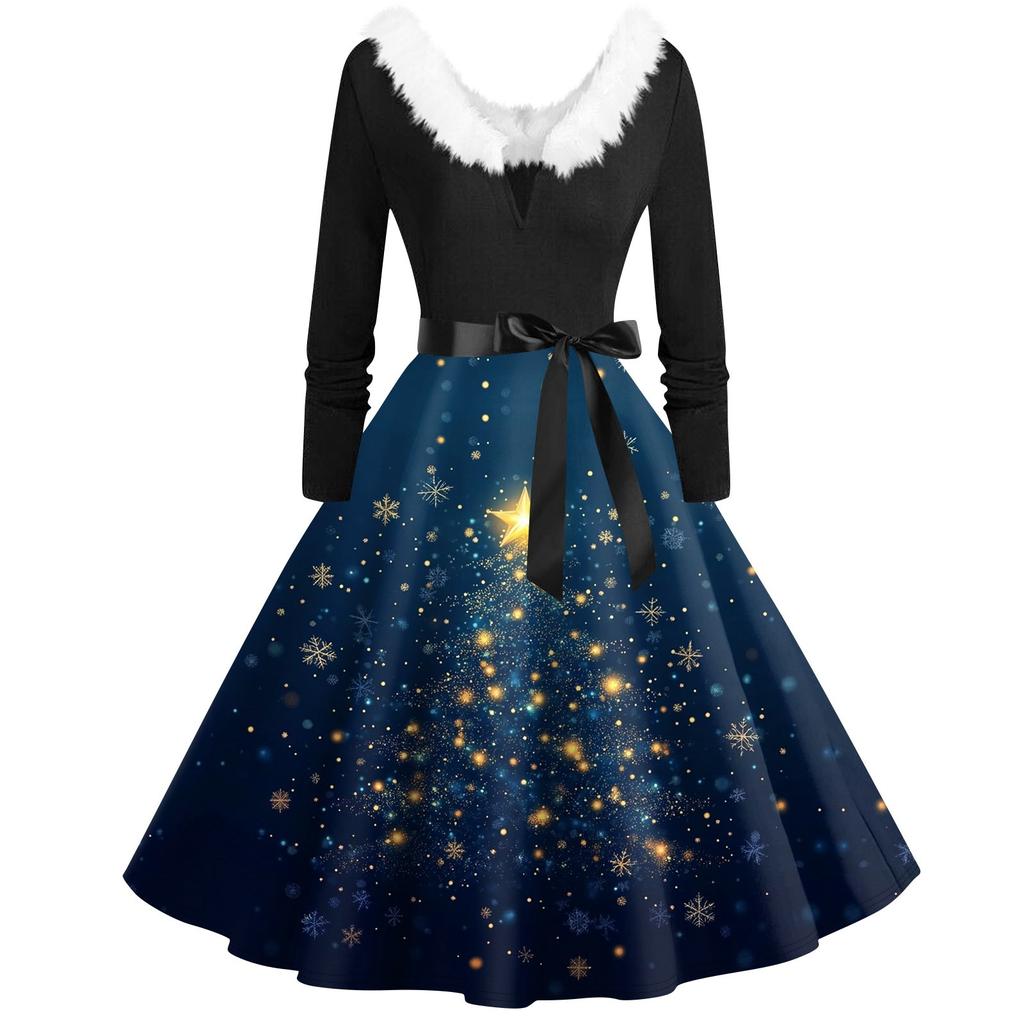 Women's Casual And Fashionable Long Sleeved V-neck Christmas Print Matching Zipper Dress