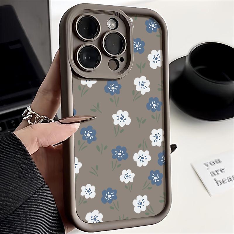 Синий с белыми мелкими цветами Силиконовый чехол для iPhone 15 16 Pro Max 14 13 12 11 Pro Max 7 8 XR XS SE Ударопрочный Мягкий ТПУ Чехол для телефона