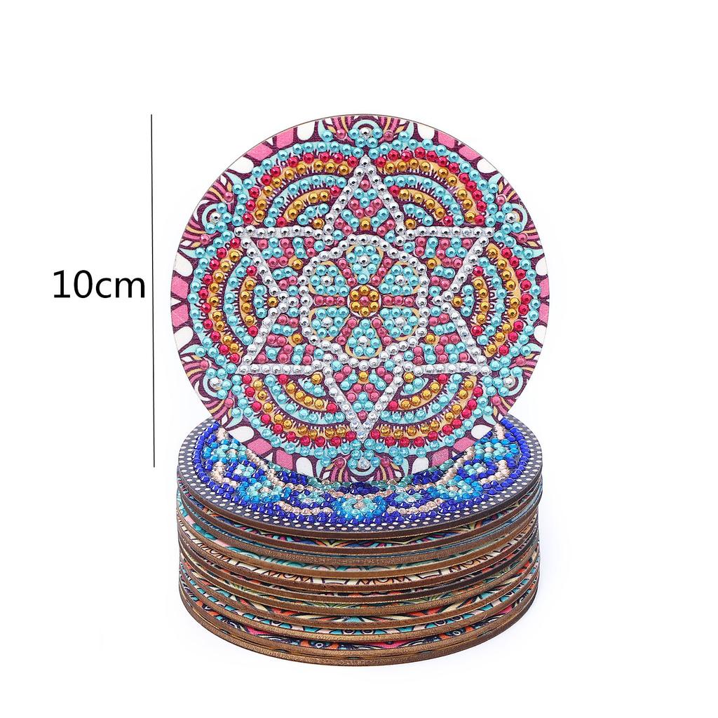 12 Pieces of Round Mandala Pattern Artificial Diamond Painted Wooden Wooden Table Art Coaster with Bracket