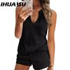 Вафельный жилет комплект летний свободный модный повседневный жилет с V-образным вырезом шорты домашняя одежда для женщин