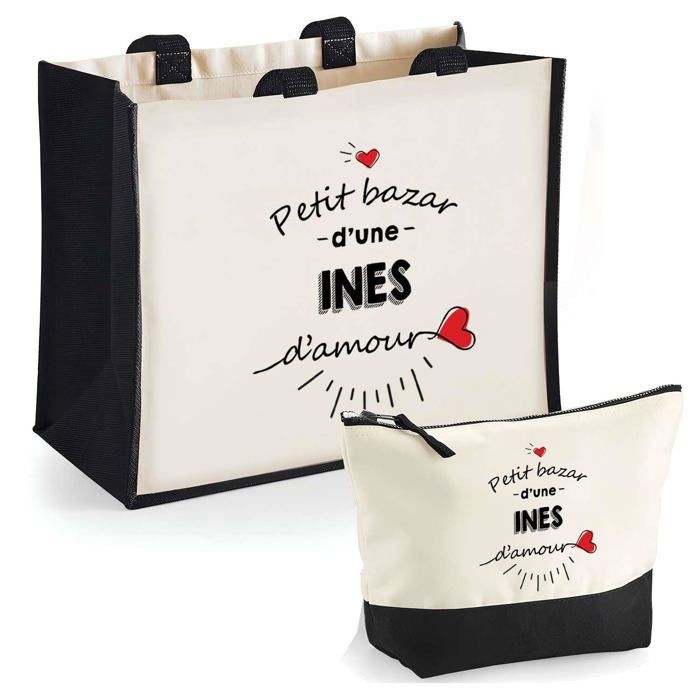 Sac de plage - PLANETEE - Duo cabas jute & trousse noir Bazar d'une Inès d'amour - Coton - Grande contenance - Imprimé en France