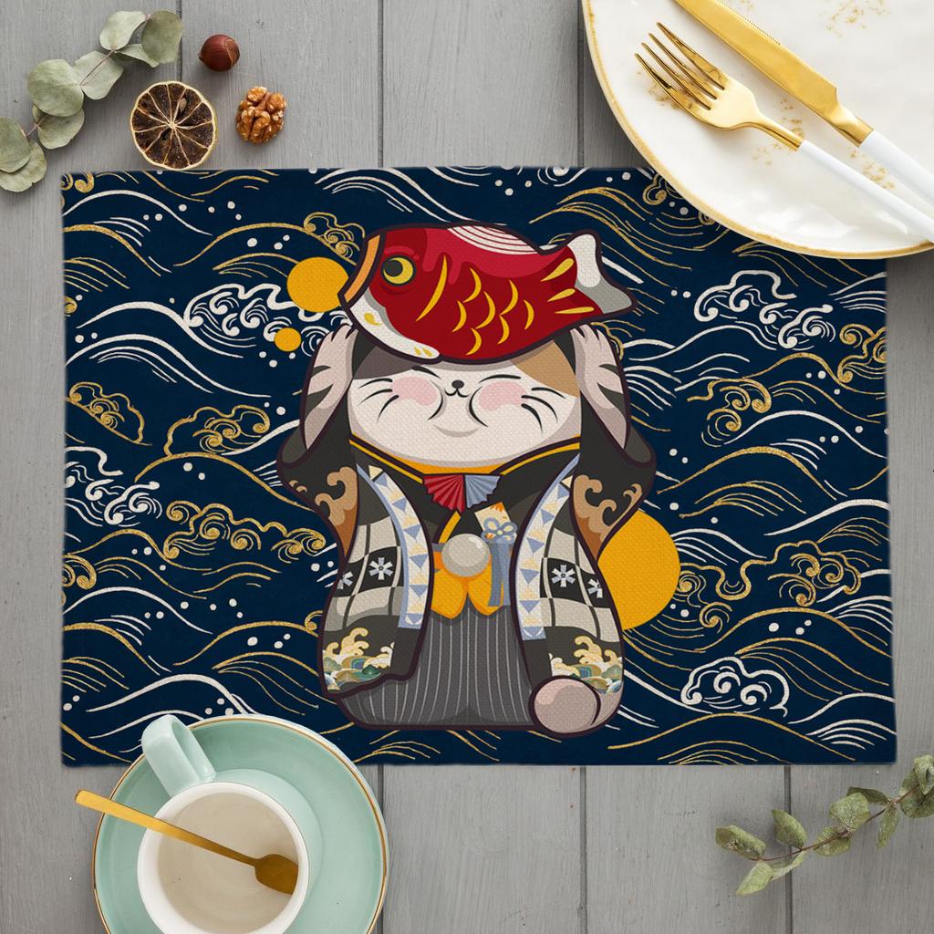 Японский счастливый кот Коврик для стола MaNeKiNeKo Декор для кухни Льняные коврики для обеденного стола Подставка под чашку/стакан Коврик под миску/кофейную чашку Скатерть 45X30см