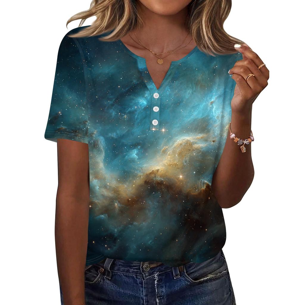 Жен. Футболка С принтом Пуговицы С короткими рукавами Повседневные Выходные Мода Классический V-образный вырез Обычный Верх