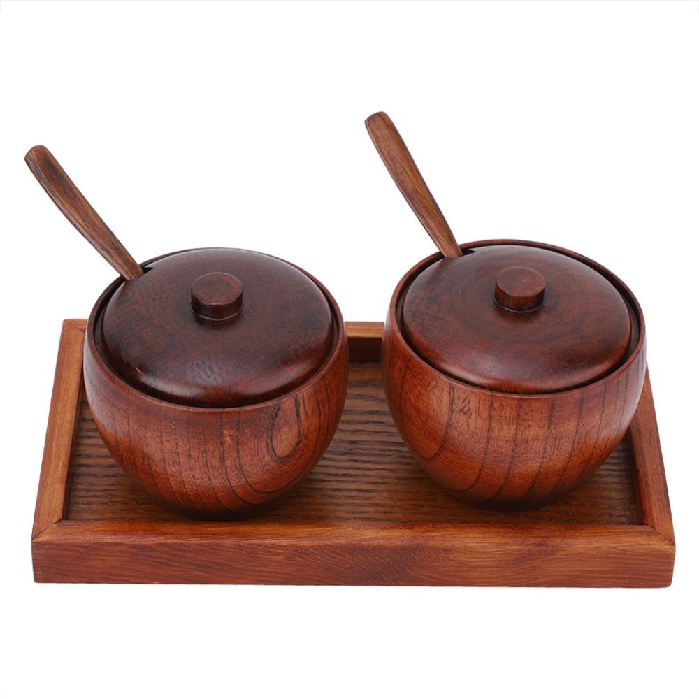 1 Set Wood Storage Jar Matching Mini Spice Spoon Organizer Set Seasoning Storage