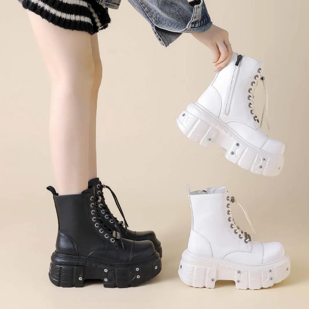 Fashion Punk Women Ankle Boots Lace-up Heel Height Platform Shoes Woman Gothic Rock Booties Metal Decor Man Sneakers Outdoor Trainers