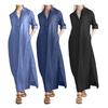 Women's Denim Maxi Dress Casual Roll-up Sleeve Split Dress with Pockets Plus Size Button Up Lapel V Neck Long Dress