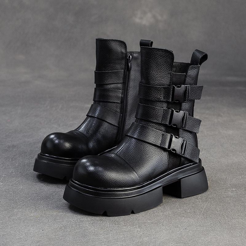 Johnature Plush Warm British Style Mid-calf Boots Genuine Leather Thick Soled Women's Shoes