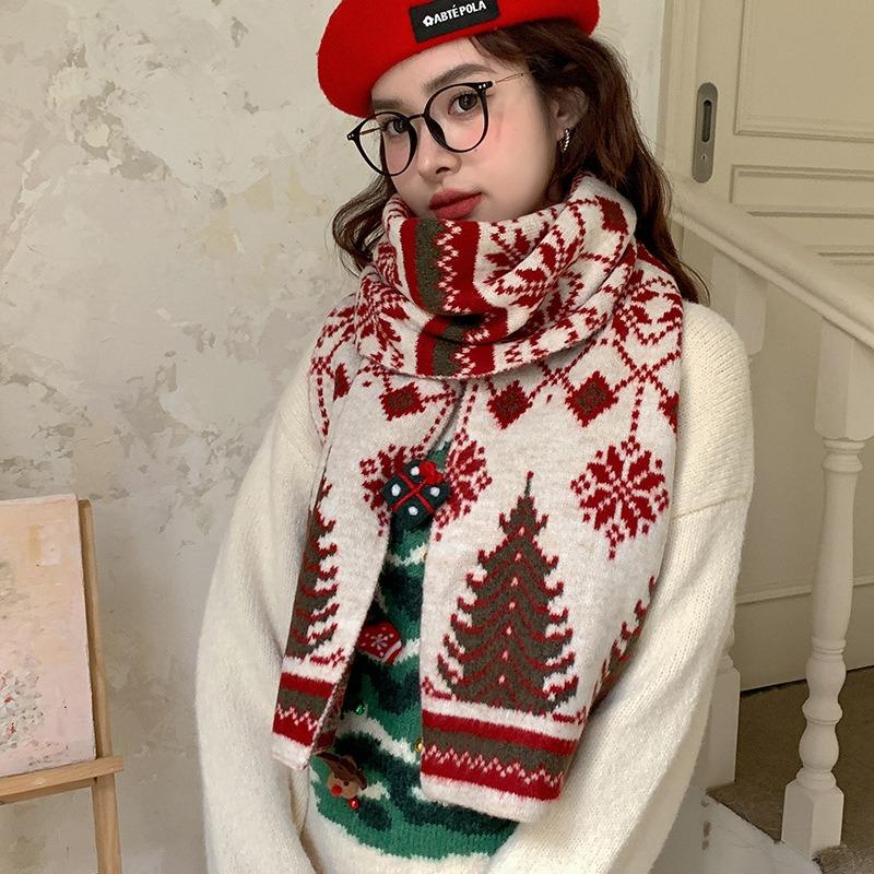Red Christmas Tree Deer New Knitted Scarf Women Keep Warm Winter Atmosphere Holiday Gift Wool Scarf Men