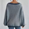 Women's Fall/Winter Loose One-line Shoulder Off-the-shoulder Knit Vintage Lantern Sleeve Striped Sweater