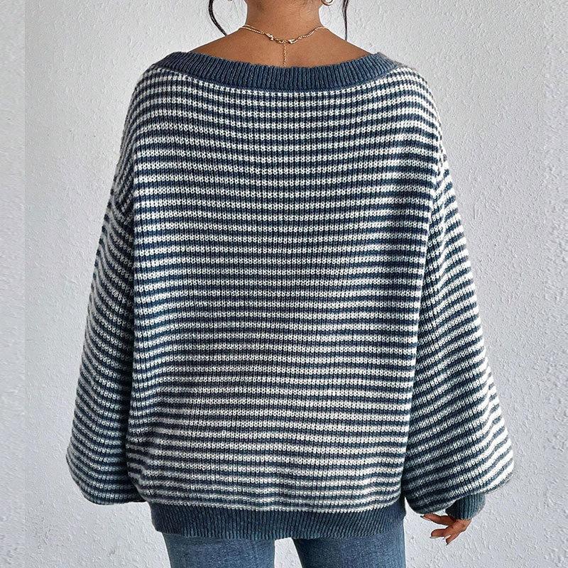 Women's Fall/Winter Loose One-line Shoulder Off-the-shoulder Knit Vintage Lantern Sleeve Striped Sweater