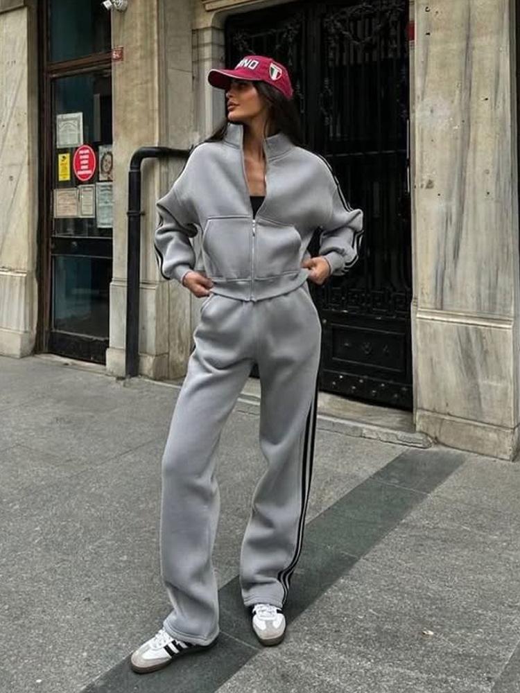 Women's Sport Casual Tracksuit 2026 Spring Autumn Loose Contrast Color Hooded Cardigan Sweatshirt and Pants 2 Piece Set