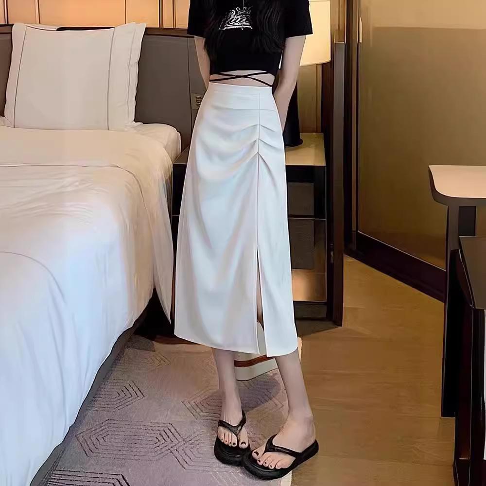 Женская юбка-миди с высокой талией, весенняя, А-силуэт, узкая, с боковым разрезом