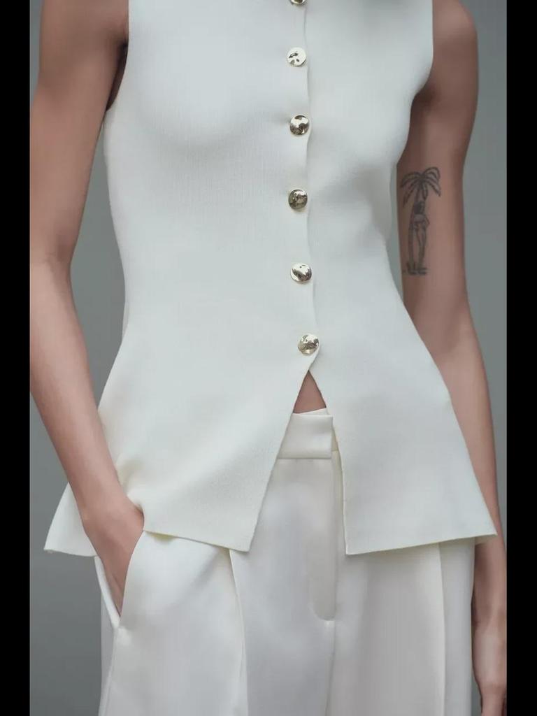 European & American Women's Fashion 2024 Gold Button Flat Stitch Vest Top