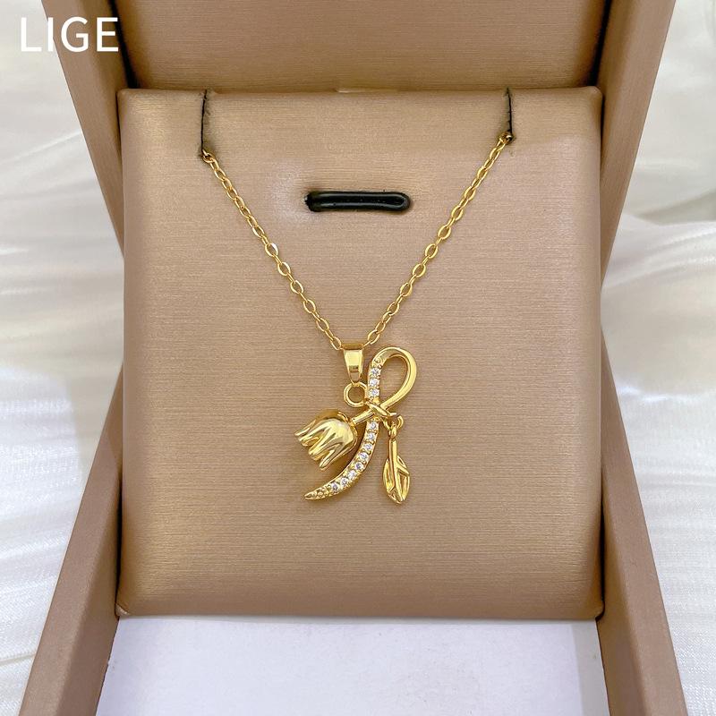 Орхидея Колокольчик Мода Легкая Роскошь Темперамент Великолепное Ожерелье с Полными Бриллиантами Женское Универсальное Ожерелье-Цепочка из Титановой Стали