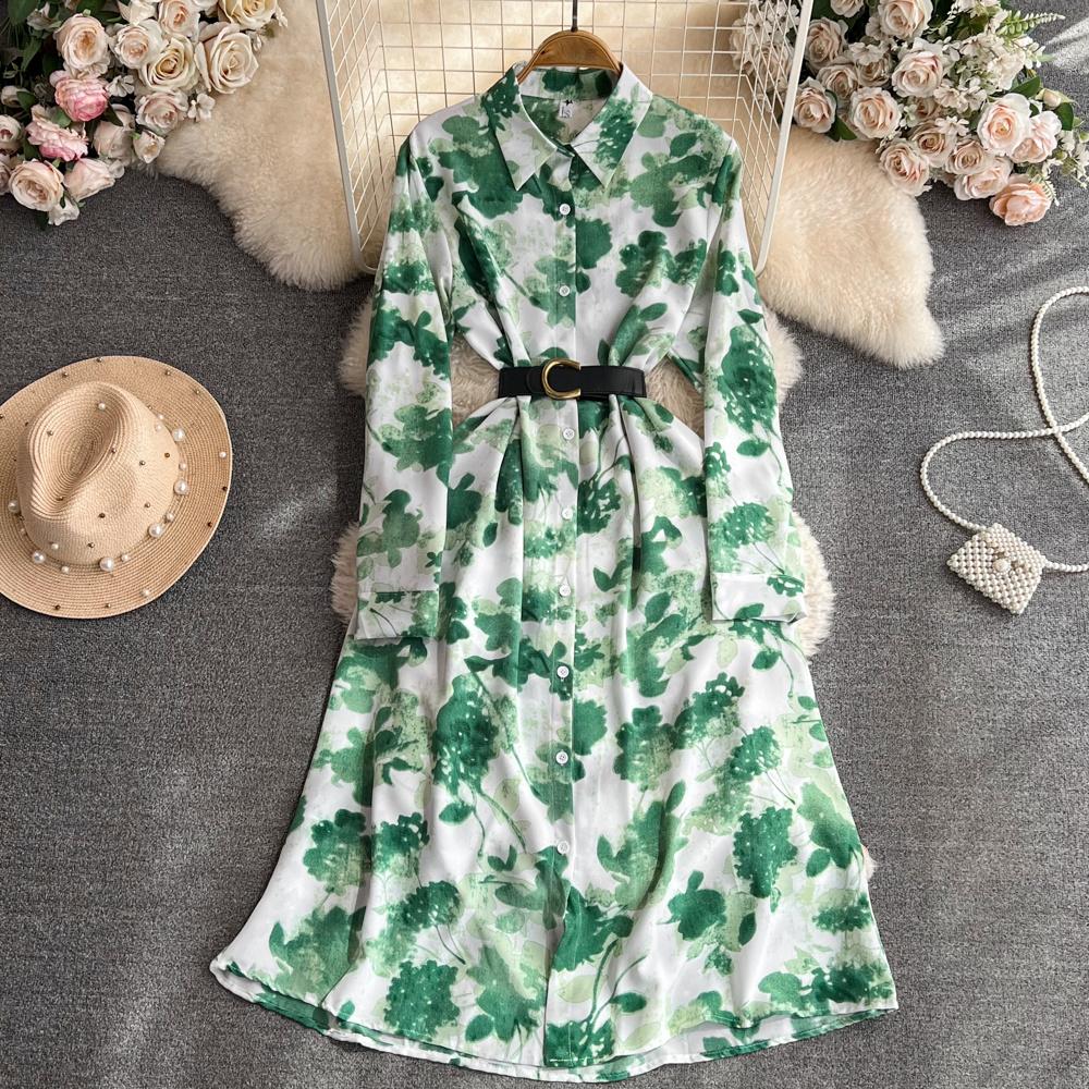 Новое осеннее модное женское платье с цветочным принтом, однобортное однобортное трапециевидное платье с отложным воротником и длинными рукавами, винтажные вечерние платья миди