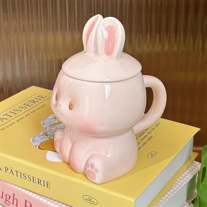Cartoon Rabbit Shaped Ceramic Mug with Lid Coffee Milk Cup Cute Couple Breakfast Cup Household Drinkware Valentine's Day Gift