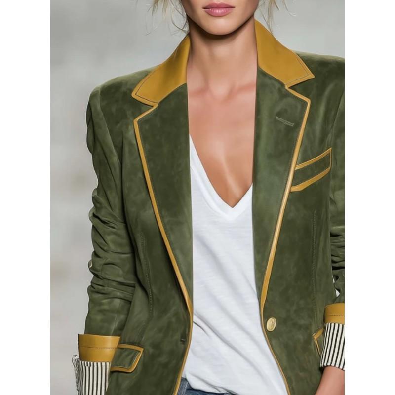 Vintage Olive Green Blazer Women Contrast Trim Striped Cuffs Regular Fit Long Sleeve