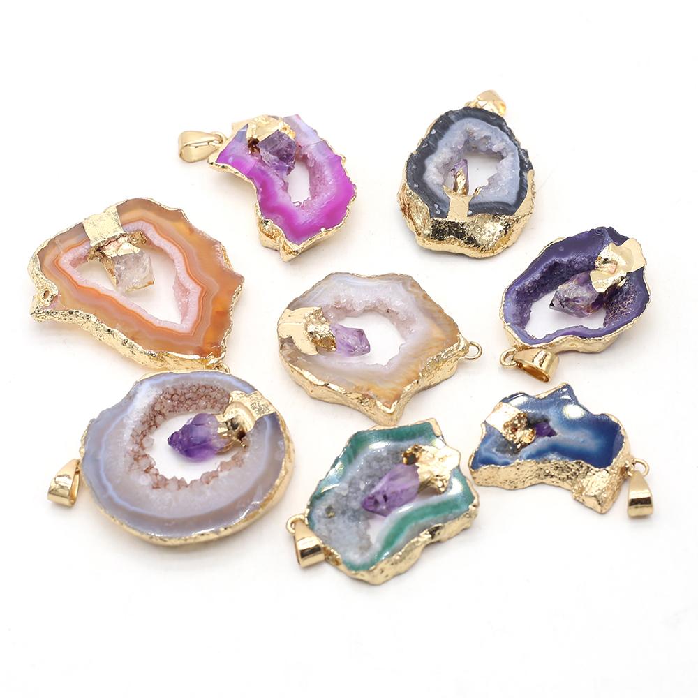 1Pc Energy Natural Agates Pendants with Amethyst, Fashion Handmade Irregular Druze Charms for Jewelry Making DIY Accessories Fit Necklaces Craft Gift