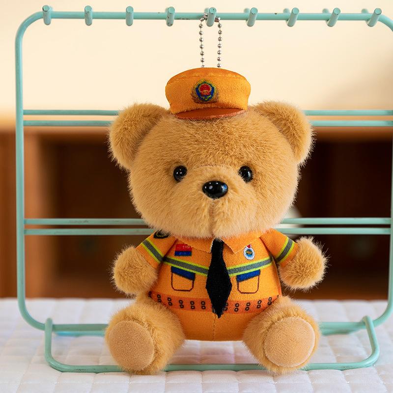 Bear Plush Toy Police Bear Doll Cute Firefighter 4 Inch Doll Schoolbag Grab Machine Doll Pendant