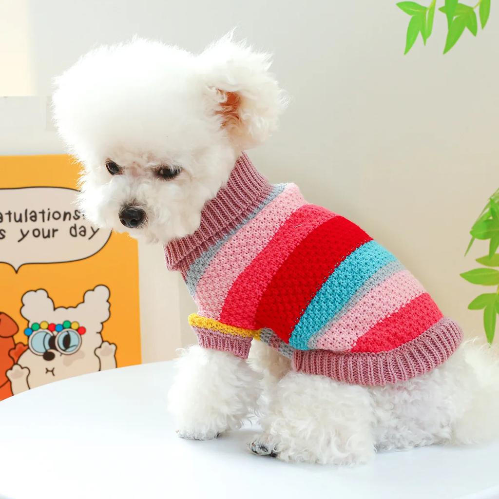 Striped Color Pet Dog Sweaters High Collar Warm Winter Clothes for Small Medium Puppy Knitted Sweatshirt New Year Winter Coat