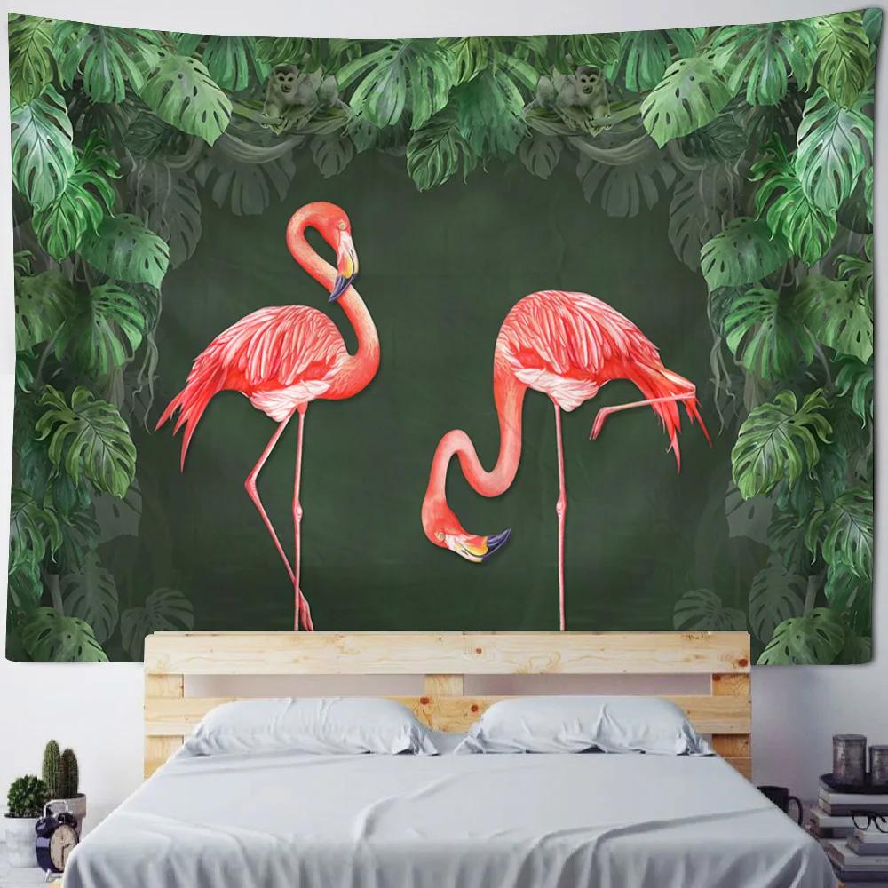 Summer Tropical Fantasy Flamingo Plants Palm Leaves Tapestry Wall Hanging Fabric Guest Hall Party Background Decoration