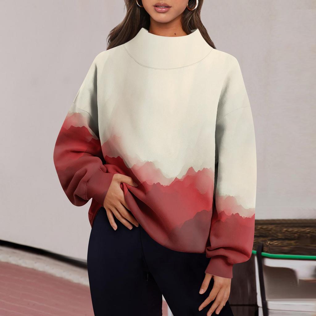 Женская мода с принтом и длинными рукавами, свободная полуводолазка с разрезом, толстовка, топ