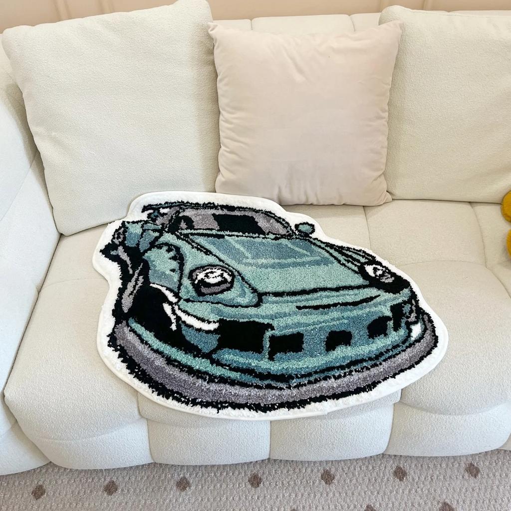 Enthusiast Green Sports Car Shaped Flocking Rug Irregular Geometric Carpet Bed Side Anti Slip Floor Pad Doormat Aesthetic Home