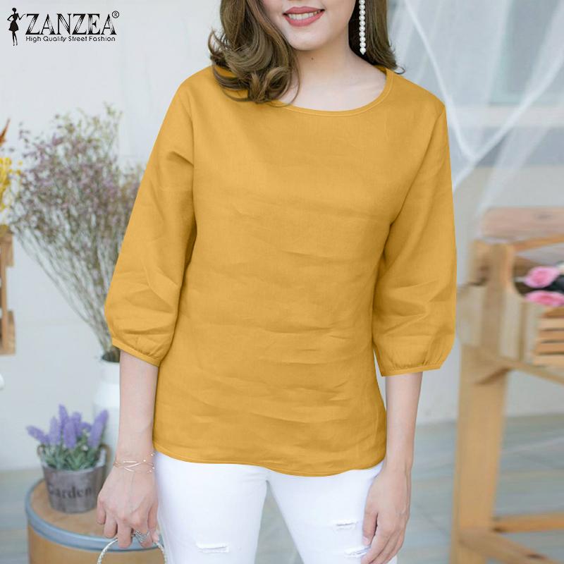 ZANZEA Женская повседневная блузка свободного кроя с круглым вырезом и рукавом 3/4