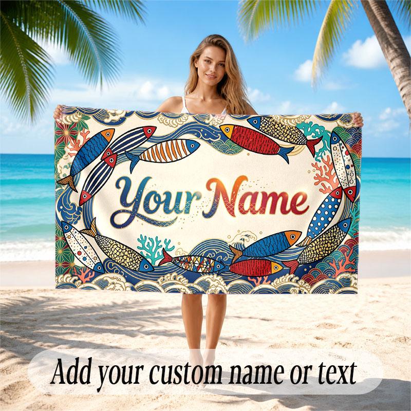 Fish Ocean Theme Beach Towel Personalized Custom Name & Text Soft Quick Dry Beach Towel for Swimming Travel