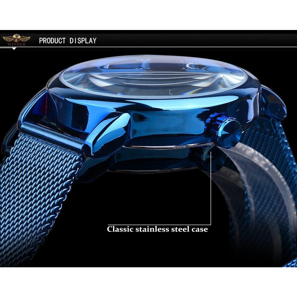 Forsining Часы мужские модные повседневные классические популярные механические часы с синим сетчатым ремнем GMT1140-11-W