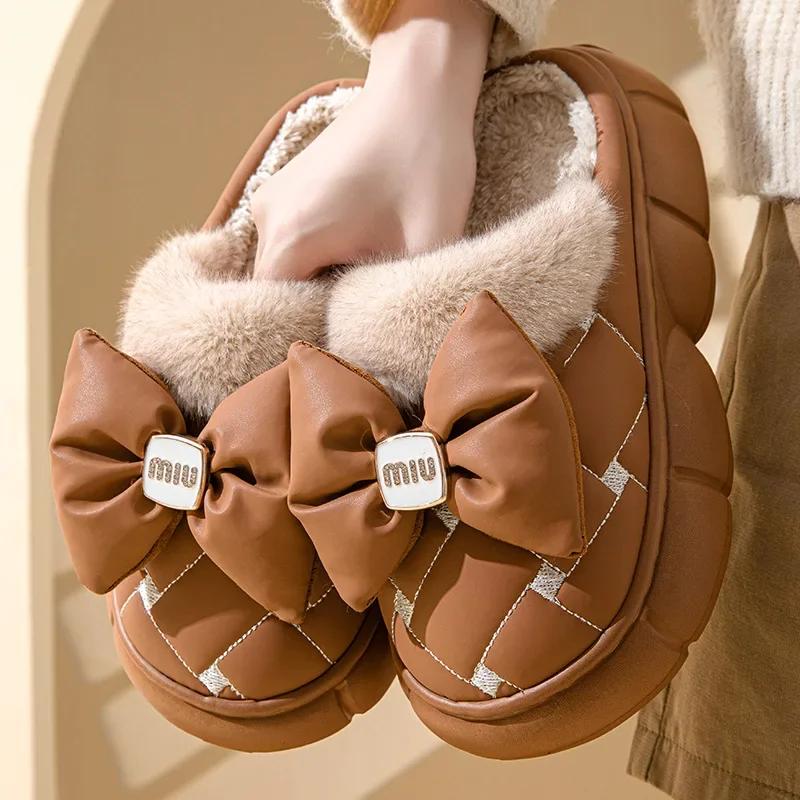 Модные женские милые хлопковые тапочки с бантом, женские зимние модные мягкие толстые домашние тапочки, женские нескользящие плоские каблуки, домашняя обувь