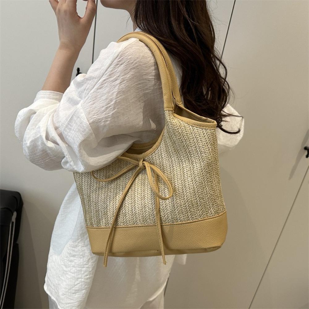Elegant Straw Shoulder Bag Bow Tie Women's Handbag Trendy Weaving Tote Bag Lady