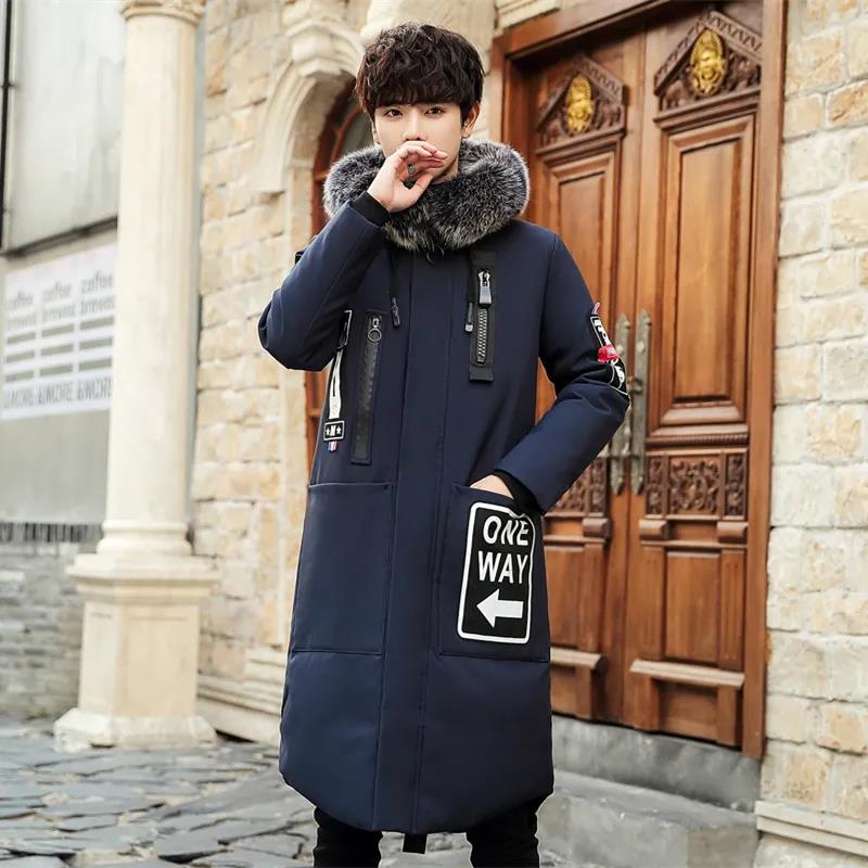 Большой пуховик с меховым воротником, мужская зимняя утепленная хлопковая куртка, длинная узкая верхняя одежда с капюшоном, повседневная куртка, теплые пуховики на молнии