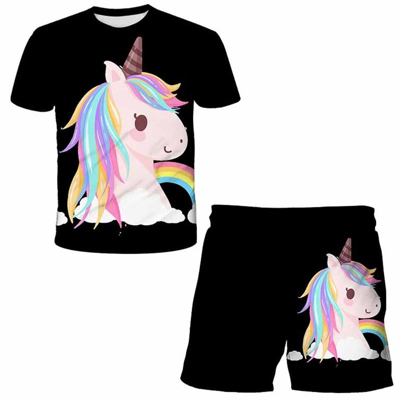 Children Girls Clothes Unicorn Baby Popular Print 3D Lovely Fashion T shirt+Short Pants Set Cartoon T Shirt 2Pcs Kids Suit