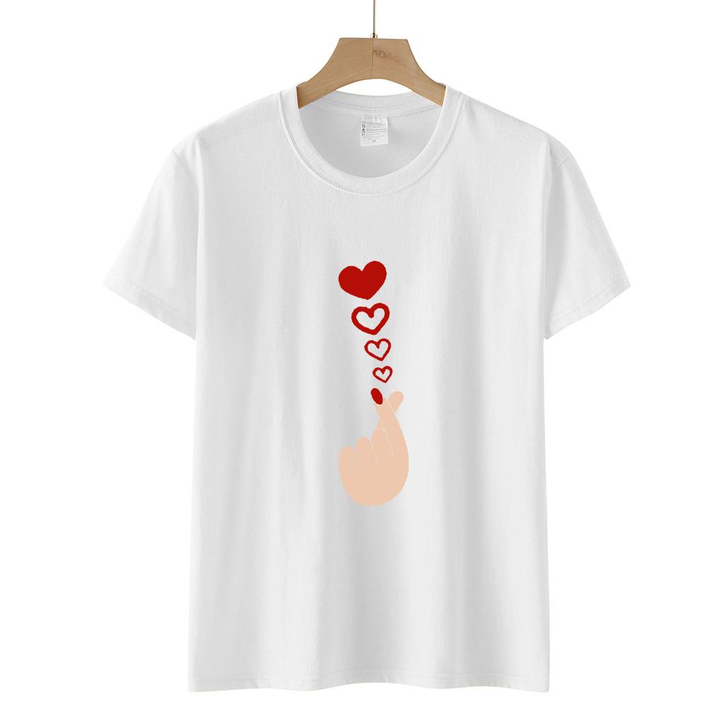 Polyester 100% New Valentine's Day Casual Pullover Round-neck Short-sleeved T-shirt with A Heart-shaped Finger Print Graphic
