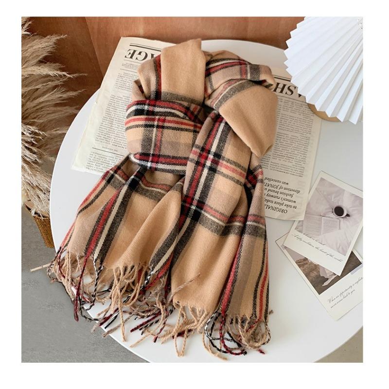 Осенне-зимний клетчатый шарф для женщин, теплая женская шаль с кисточками из искусственного кашемира