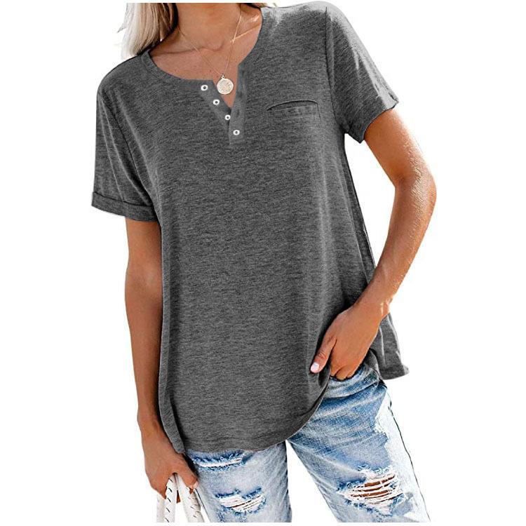 Весна и лето новый стиль куртка V-образный вырез короткий рукав карман свободная футболка женская