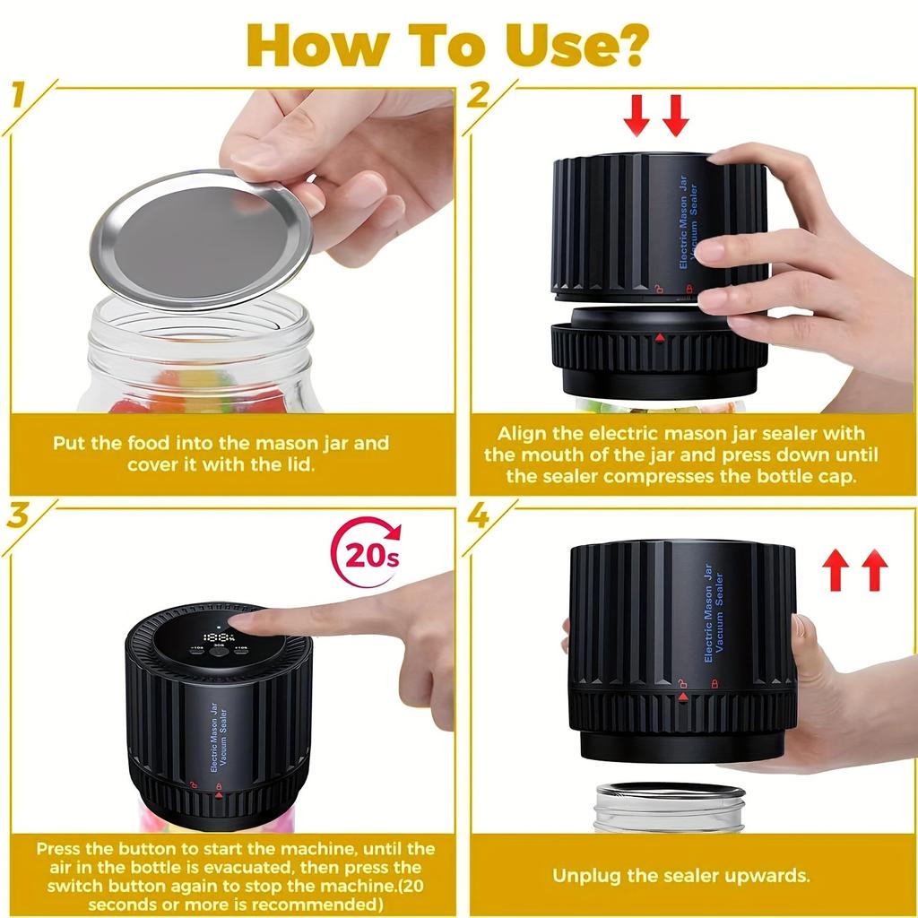 Portable Electric Mason Canister Vacuum Sealing Set - Handheld Automatic Food Preservation with Bright Screen Display,USB Rechargeable Lithium Battery