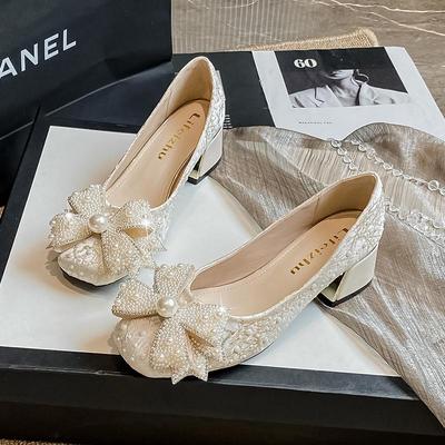 Осень 2023 Женские туфли больших размеров на толстом каблуке с жемчугом (Размеры 41-43)