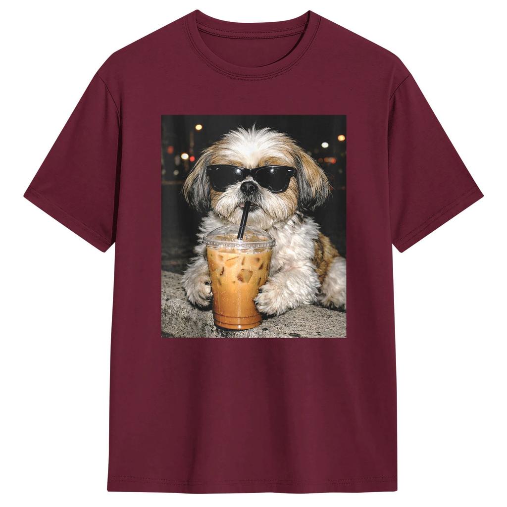 Funny Shih Tzu Drinking Iced Coffee Dog Meme TShirt Harajuku TShirts ShortSleeve Aesthetic Tshirt Cotton 4XL 5XL 6XL Clothes