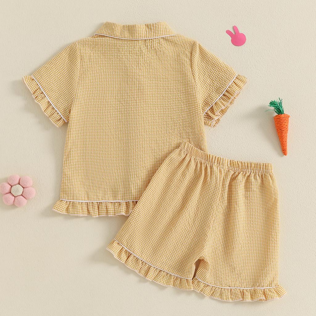 Пижама для маленьких девочек на Пасху, клетчатый принт, вышитые оборки, футболка на пуговицах с эластичными шортами для дома, одежда для сна