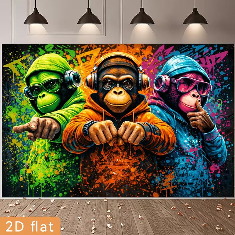 2D flat banner depicting stylish chimpanzees in hip-hop poses, perfect for music or party events