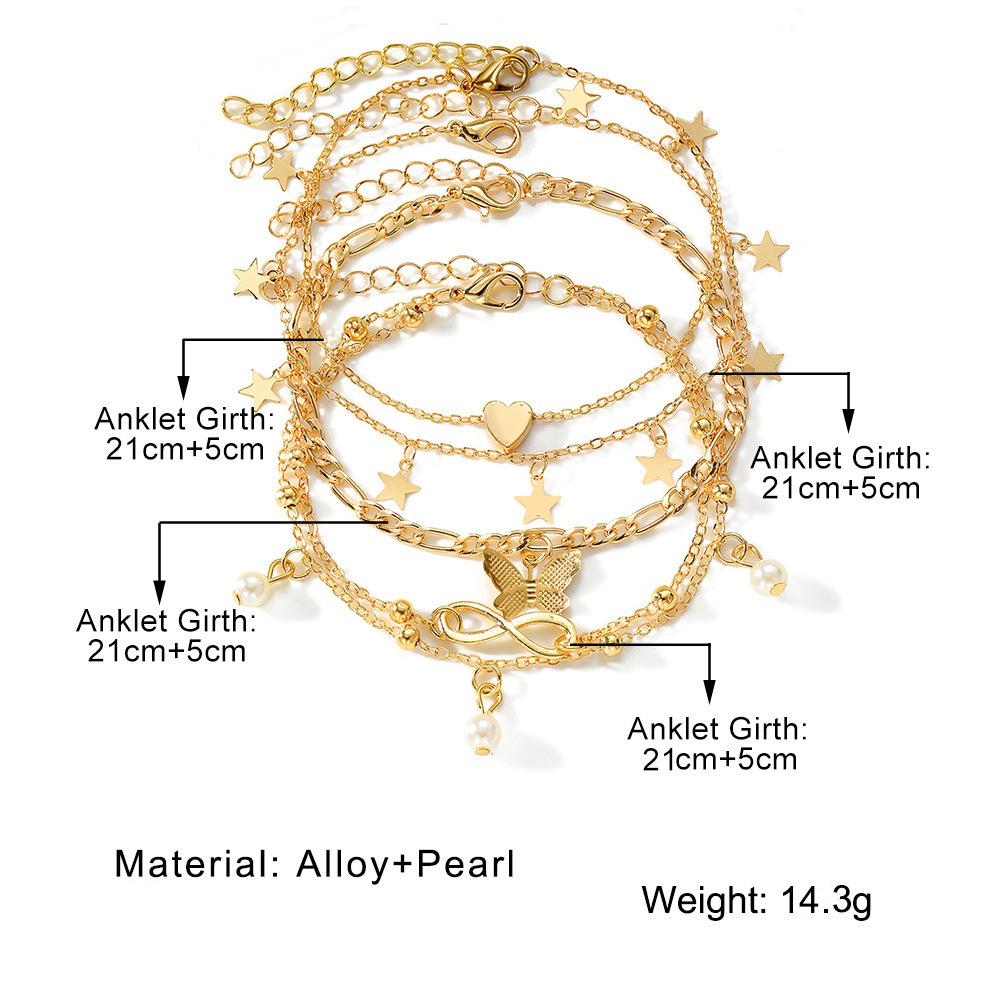 European and American hot-selling butterfly pearl love anklet 1-piece set multi-layer pendant anklet anklet jewelry