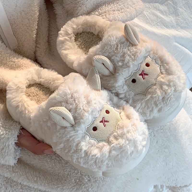 Fashion Winter Cute Cartoon Plush Slippers Warm Fluffy Faux Fur Sheep Design Women Men Home Floor Shoes Couples Indoor Cotton Slides