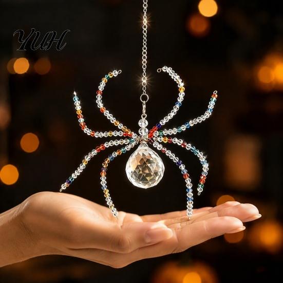 Hanging Spider for Porch Halloween Ornament, Faux Crystal Beaded Pendant Tree Glass Bead Gift Window And Wall Sparkling Translucent Sun Catcher