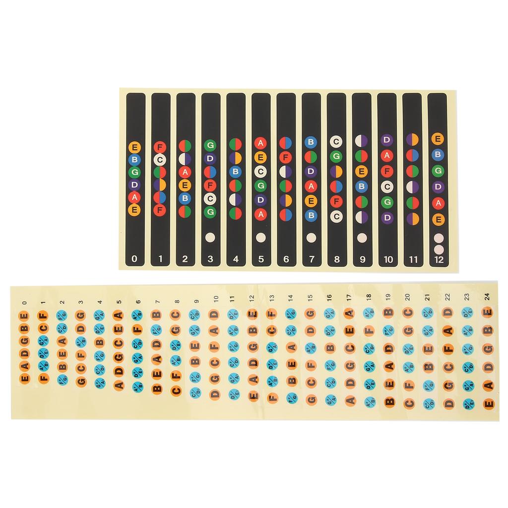 2 шт. наклейки для гитарных нот, наклейка для идентификации ладов грифа, музыкальная декаль для начинающих(Разноцветный 12 ладов Разноцветный 24