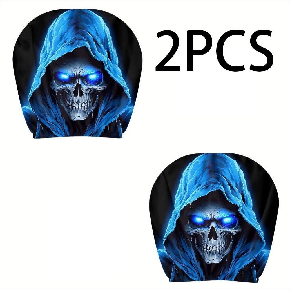 Xiaomi 2Pcs Blue Skull Shaped Car Headrest Covers with Blue Grim Reaper Pattern, Halloween 2D Printed, Highly Elastic Soft, Universal