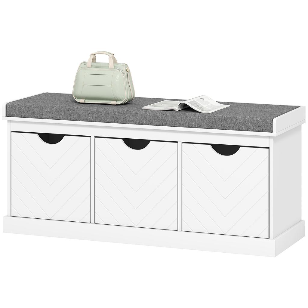 Entry Shoe Bench Storage Bench With 3 Removable Drawers And Cushion Upholstered In Linen Look Fabric White