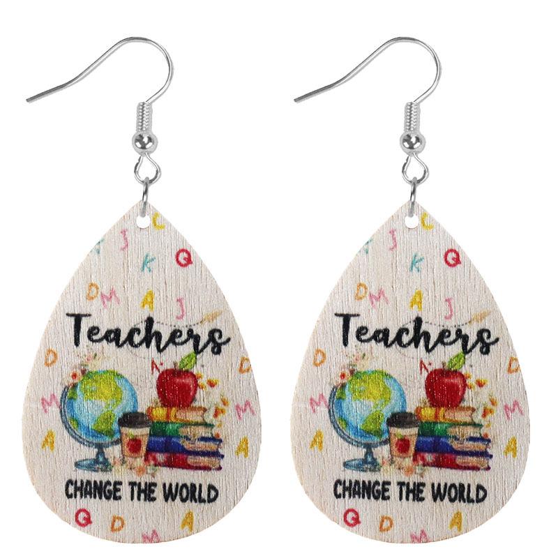 School Season Teacher Student Water Drop Shaped Wooden Earrings Student Handwritten Rainbow Bridge Stability