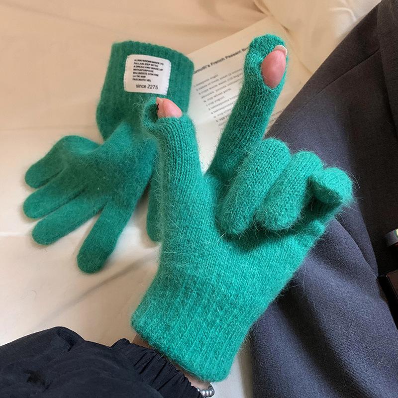 Новые однотонные теплые утолщенные вязаные перчатки для женщин на зиму с сенсорным экраном без пальцев, шерстяные студенческие велосипедные перчатки